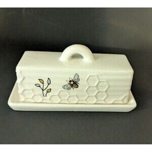 Decorative Honey Bee Butter Dish – White Ceramic Honeybee Pattern With Flora...